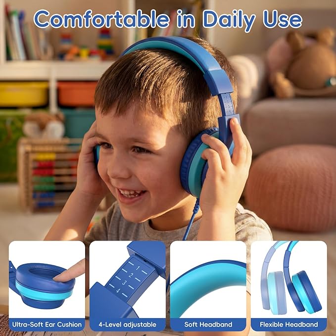 Wired Kids Headphones, USB Type C Headphones for Kids, 85dB Safe Volume, HD Stereo Sound,Comfortable Fit, Adjustable &Foldable, Ideal for Boys/Girls/School/Travel/Tablet(Deep Bule, No Mic)