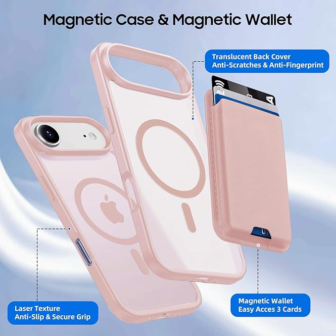 Magnetic for iPhone Air Case & iPhone 17 Air Case with Detachable Wallet, Compatible with MagSafe, Military Protective Slim Phone Cover with Card Holder, Pink