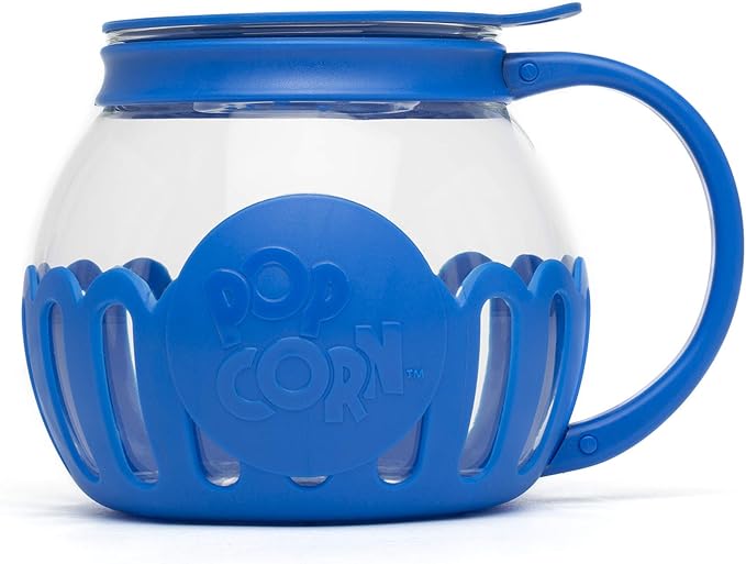 Ecolution Patented Micro-Pop Microwave Popcorn Popper with Temperature Safe Glass, 3-in-1 Lid Measures Kernels and Melts Butter, Made Without BPA, Dishwasher Safe, 1.5-Quart, Blue