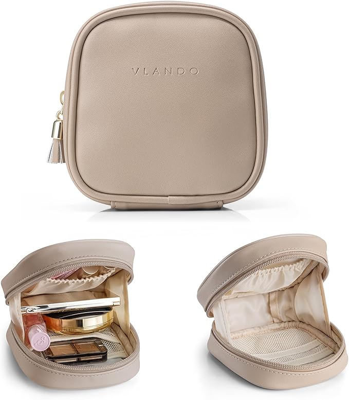 VLANDO Mini Makeup Bag, Small Makeup Bag for Purse with Slip-in Pockets, Portable Travel Toiletry Bag with Zipper, Waterproof Travel Essentials for Women - Toffee