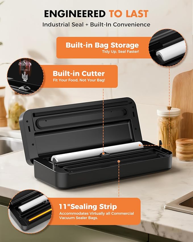Vacuum Sealer for Food, 95kPa Food Vacuum Saver Sealer Machine, 135W 12L/min Fast-Sealing with Auto Tear-Cut,Digital Timer, Built-in Cutter, Bag Storage and One Bag Roll, 9-in-1 Compact Vacuum Sealer