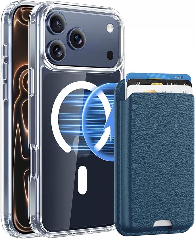 Magnetic for iPhone 17 Pro Max Clear Case with Blue Detachable Wallet, Compatible with MagSafe, Credit Card Holder with Slim Shockproof Protective Phone Cover