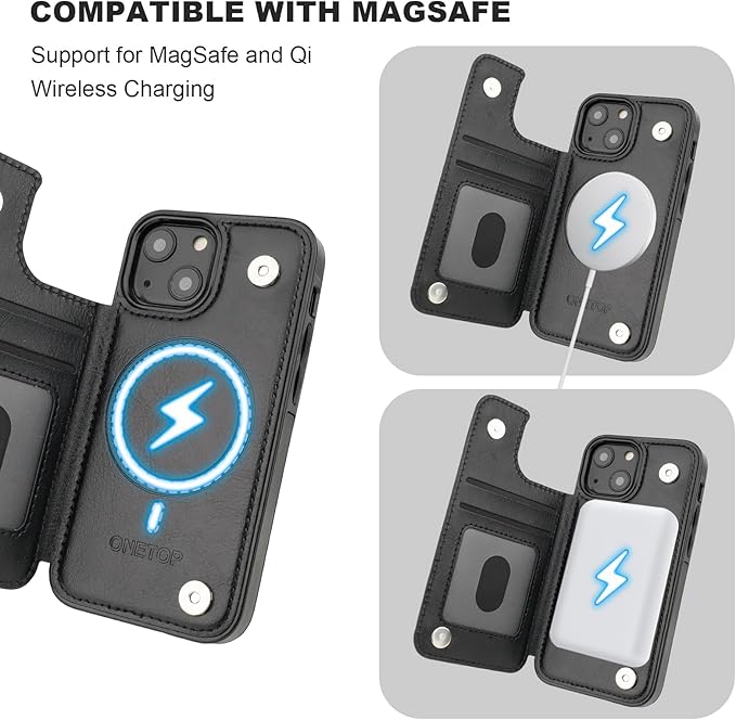 ONETOP Compatible with Magsafe for iPhone 13 Mini Wallet Case with Card Holder, PU Leather Kickstand RFID Blocking Case, Double Magnetic Clasp and Durable Shockproof Cover 5.4 Inch (Black)