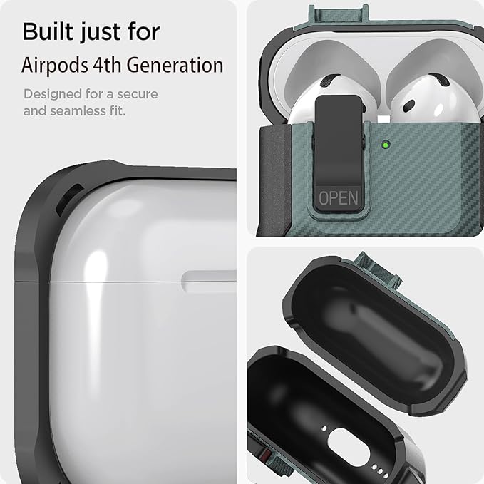 for Airpods 4 Case with Lock Clip, Rugged Apple Airpods 4th Generation Cover 2024 Men Women, Armor Shockproof iPod 4 Gen Protective Hard Shell with Carabiner&Cleaner kit,CF Black/Green