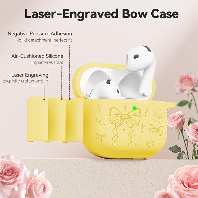 for Airpods 4 Case Cover, Joremx Cute Bow Engraved Silicone Protective Case Cover with Keychain, Cleaner Kit for AirPods 4th Generation Case 2024 (Yellow)