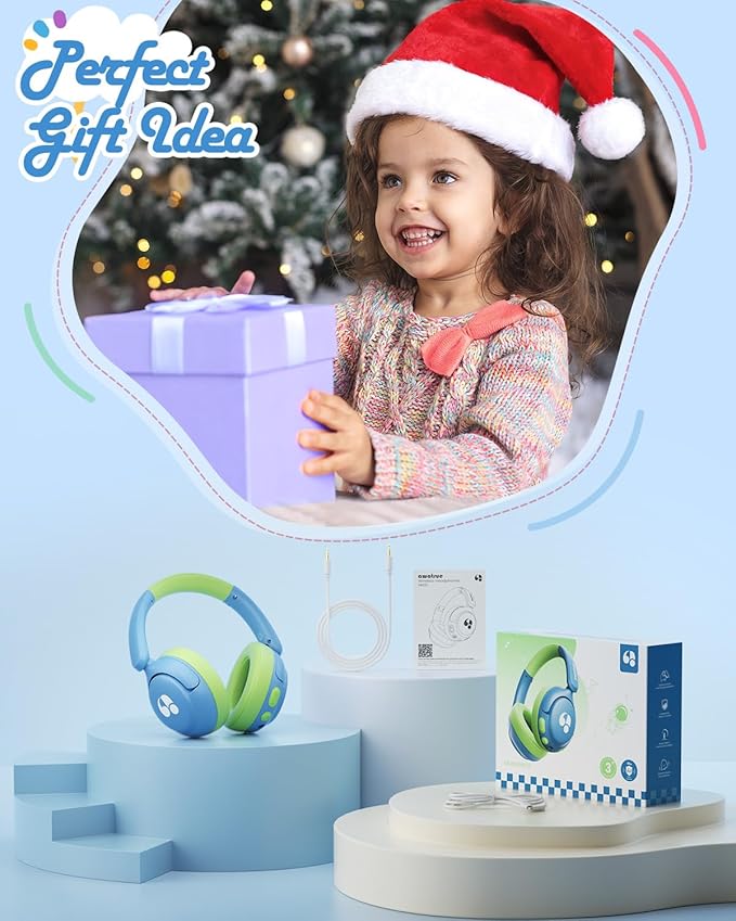 Kids Bluetooth Headphones, 85dB Volume Limiter, Foldable Wireless Over-Ear Headphones for iPad, Travel, 75H Playtime, Bluetooth 5.4, Built-in Mic, Blue Green