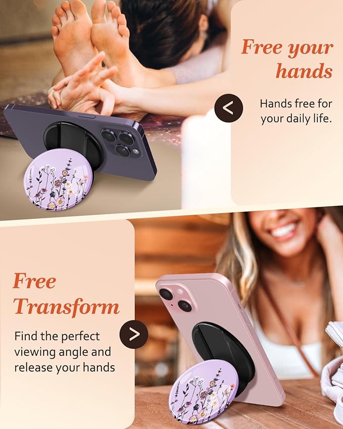 Kidcube Magnetic Phone Grip Compatible with Magsafe - Cell Phone Grip Stand Ring Holder Magnet Kickstand Removable Accessories for iPhone 16 Pro Max/16/15/14/13/12 Series Cute Girly Purple Flowers