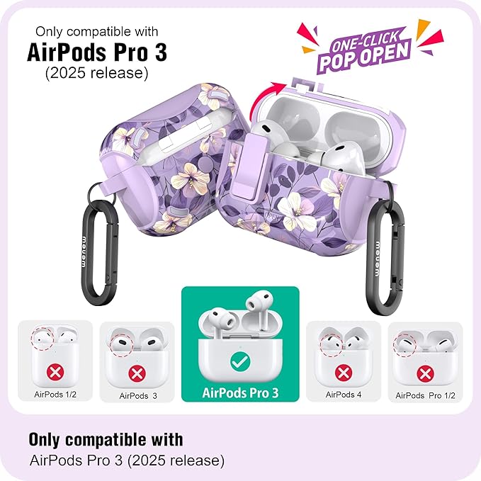 wenew Compatible with AirPods Pro 3 Generation (2025) Case Cover with Phone Stand, Cleaning Kit, Lanyard, Compatible with Magsafe, Magnetic Automatic Lock iPod Pro 3 Case (Purple 2, AirPods Pro 3)