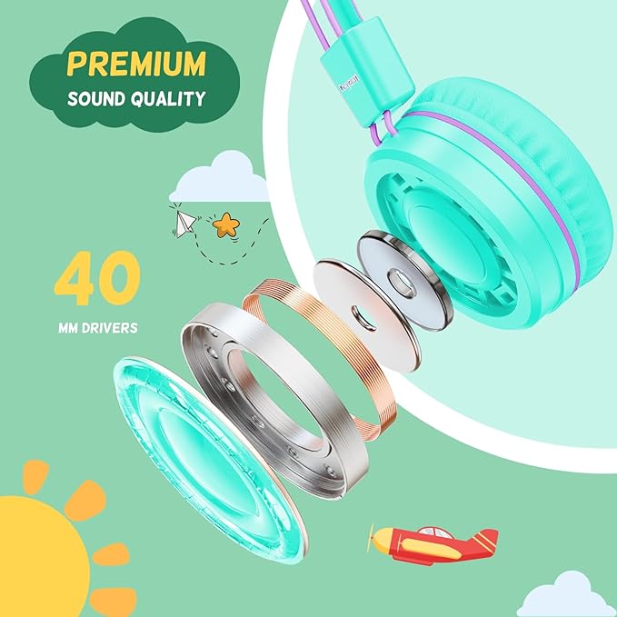 USB Type C Kids Headphones for School, Wired Toddler Headphones, 94dB Volume Limited, HD Stereo Sound, Foldable Lightweight On-Ear Wired Headphones for Kids/Children/Teens/Boys (Purple Green)