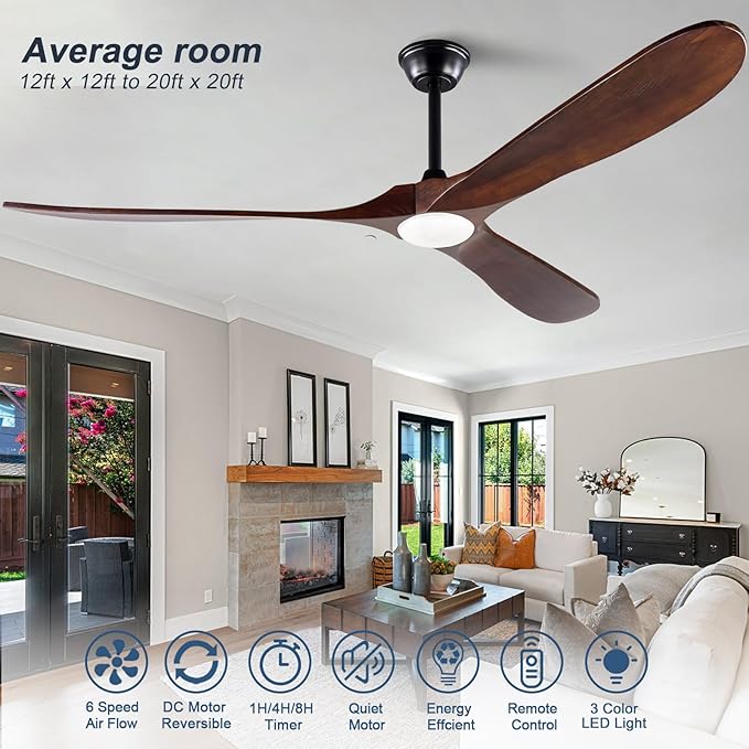 72 Inch Large Ceiling Fans with Lights and Remote,Modern Ceiling Fan with Light,3 Wood Blades,Quiet Reversible DC Motor,Indoor Outdoor Ceiling Fan for Patios Living Room Bedroom Study