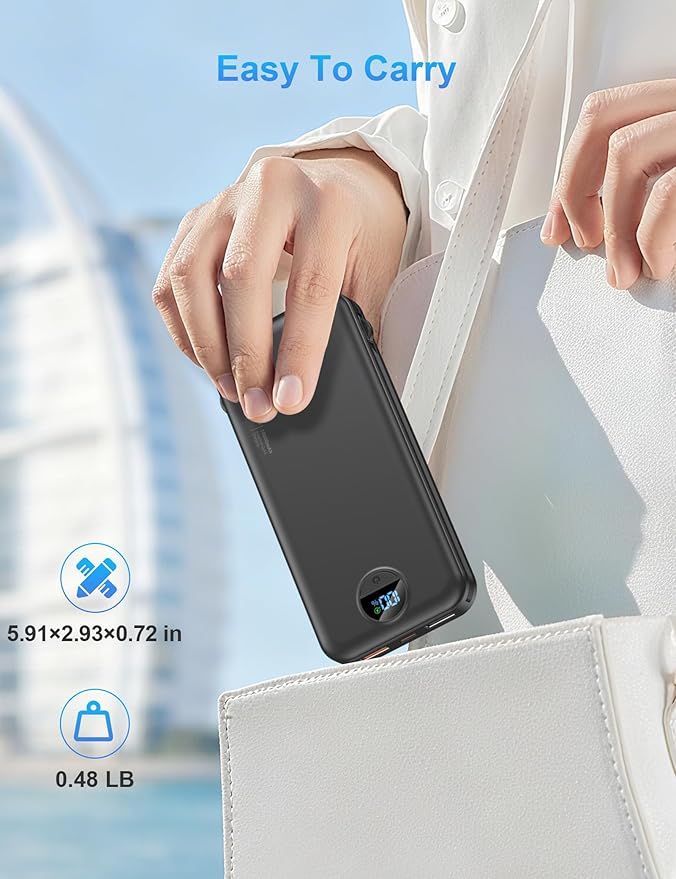 Portable Charger with Wall Plug, 10000mAh USB C Power Bank Fast Charging, External Battery Pack with Built in Cables, Digital Display, 5 Output 4 Input for iPhone Android Cell Phone Tablet