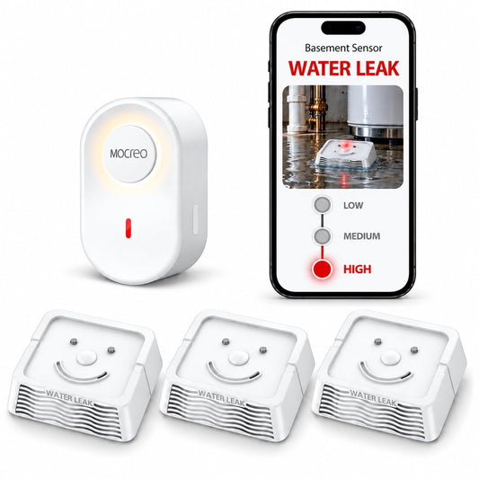 MOCREO WiFi Water Leak Detector Kit, 2000ft Long Range, SMS App Email Alerts, 105dB Adjustable Alarm, Leak Severity Tracking, 5-Year Battery Life, 3 IP67 Water Leak Sensors for Home Basement Kitchen