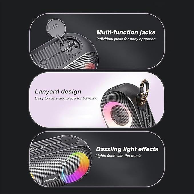 Portable Bluetooth Speaker with RGB Lights, 20W Loud Sound, IPX6 Waterproof, 20H Playtime, Wireless Speakers for Travel, Sport, Party, Outdoor, Shower