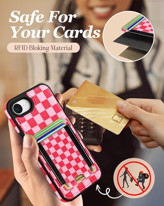Shorogyt for iPhone 17e/16e Wallet Case - Fits 5 Cards, Compatible with Magsafe Detachable Magnetic Credit Card Holder Leather Cardholder Cute Phone Cover Women Girls for Apple 17e/16e, Checkered