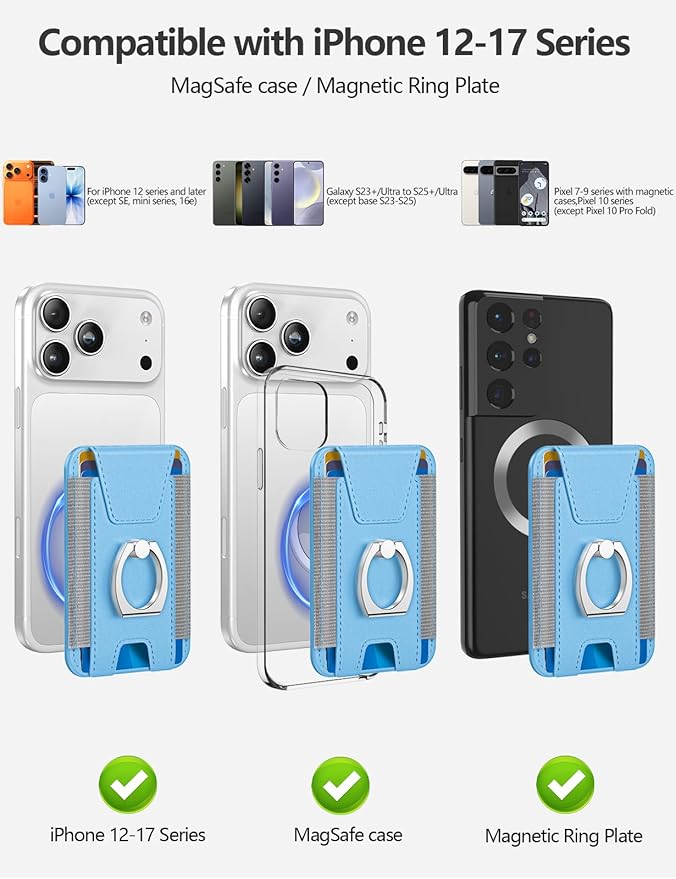 For Magsafe Wallet with Grip, 6-Card Holder, Stronger Magnetic Card Wallet Holder for iPhone 17/16/15, iPhone 14/13/12 Series, Leather Magnetic Phone Wallet with Privacy Flap, RFID Blocking, Sky Blue