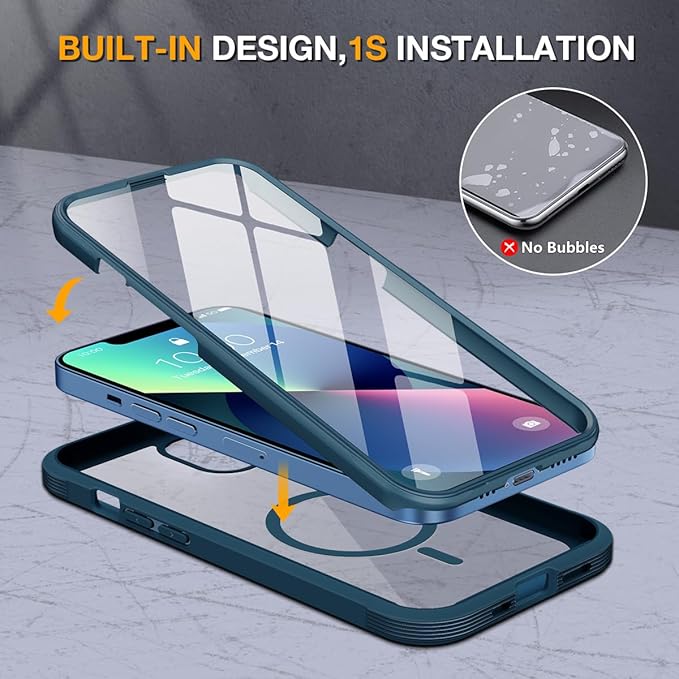 Miracase Glass Series Designed for iPhone 13 Case 6.1 inch, 2023 Upgrade Full-Body Magnetic Clear Bumper Case with Built-in 9H Tempered Glass Screen Protector,Storm Blue