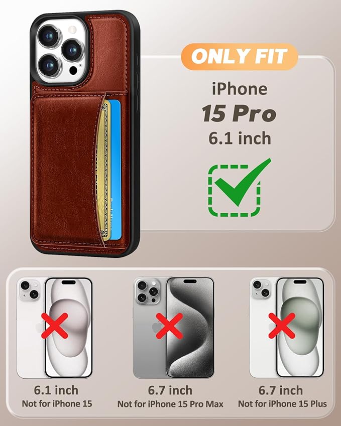for iPhone 15 Pro Case with Wallet - Fits 4 Card Slots, Compatible with MagSafe for Women Men Durable PU Leather Credit Card Holder Kickstand Phone Cover for Apple 15 Pro, Brown
