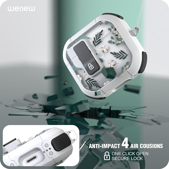WENEW Case for AirPods 4th Case Cover Secure Lock Automatic Snap Switch Clip Cleaner Kit Lanyard Women Stylish Flower Armour Hard Shell Full Body Front LED Visible (Green Leaves, AirPods 4th)
