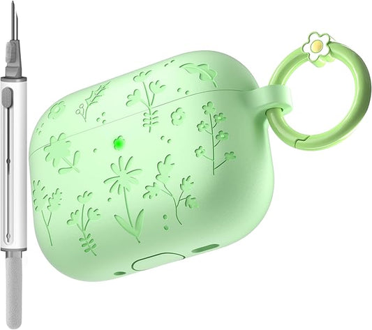 for AirPods Pro 3 Case (2025) DamonLight Floral Engraved Shockproof Protective Soft Silicone Case Cover with Cleaning Pen and Floral Keychain for Apple Airpods Pro 3rd Generation (Avocado Green)