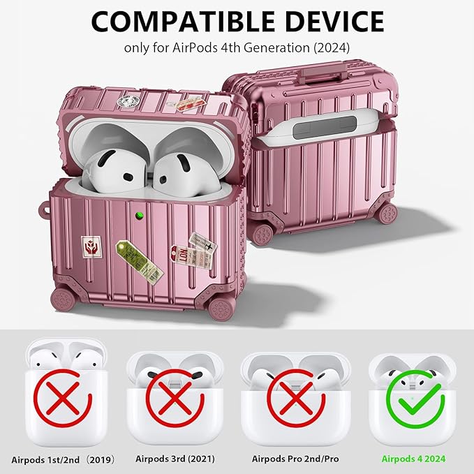 Filoto Compatible with Airpods 4 Case, Cute Fashion Suitcase Design for Airpods 4th Generation Case Cover, Shockproof Protective Hard Case with Keychain/Cleaner Kit(Rose Gold, Airpods 4 Case)