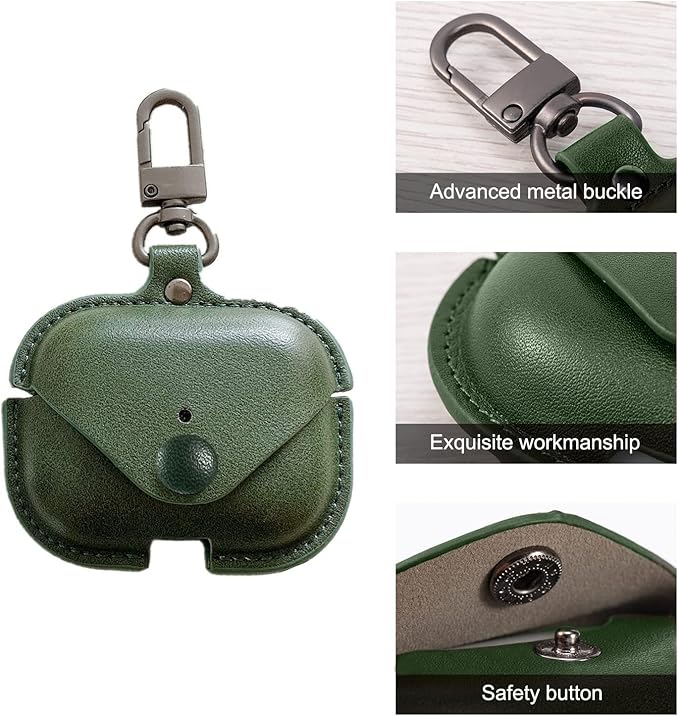 Genuine Leather Case Compatible with AirPods Pro Case 2nd/1st Gen (2023/2022/2019), VOMA Protective Cover for Apple AirPods Pro 2/Pro Wireless Charging Case with Keychain and Snap Lock Army Green