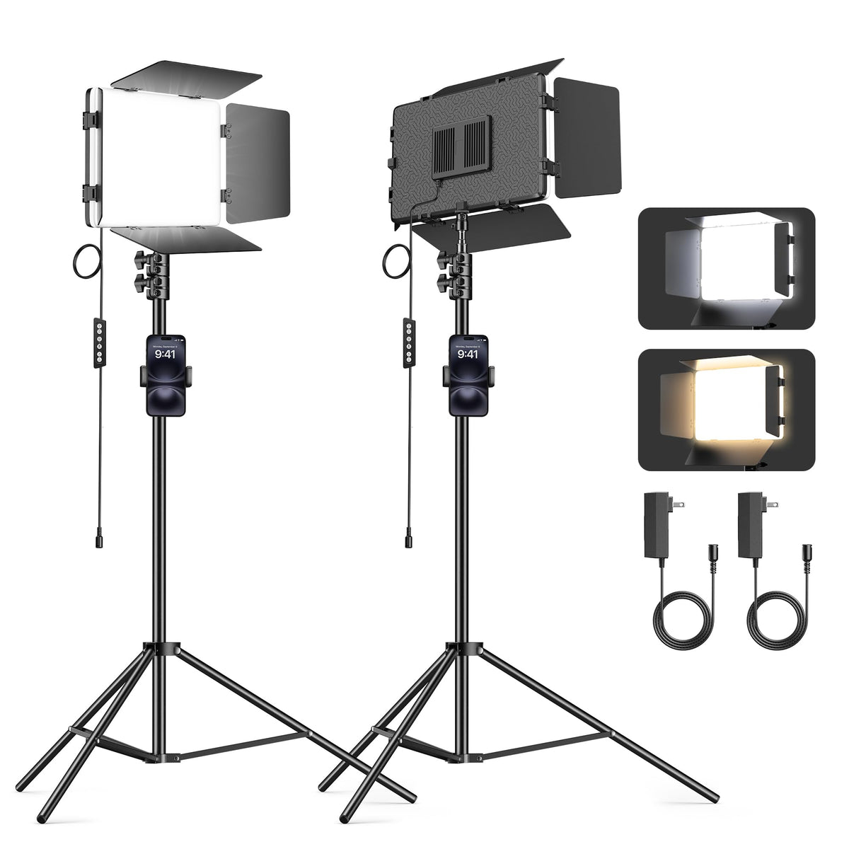 2 Pack LED Video Light Kit 79'' Tripod Light Stand, 30W 3000Lux Photography Light with Barndoor, CRI 98+ 2500K-8500K Studio Lights Panel Podcast Lighting for Video Recording/Game Live Streaming