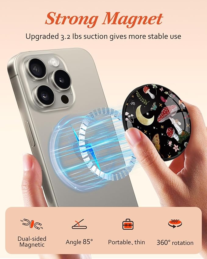 Kidcube Magnetic Phone Grip Compatible with Magsafe - Cell Phone Grip Stand Magnetic Ring Holder Finger Kickstand for iPhone 17 16 15 14 13 12 Series Magnet Removable Accessories Cute Mushroom Plant