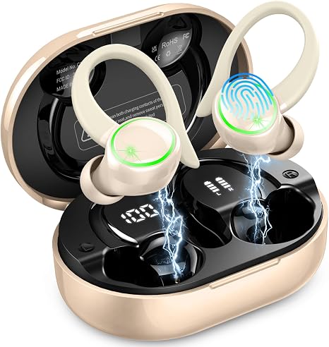 Wireless Earbuds Sports, Bluetooth 5.4 Headphones Hifi Stereo, Earphones with Earhooks, 50H Playback Over Ear Buds, IP7 Waterproof Fitness Headset for Gym Running Workout, ENC Noise Cancelling Mic