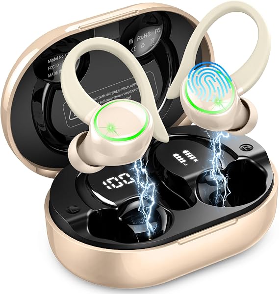 Wireless Earbuds Sports, Bluetooth 5.4 Headphones Hifi Stereo, Earphones with Earhooks, 50H Playback Over Ear Buds, IP7 Waterproof Fitness Headset for Gym Running Workout, ENC Noise Cancelling Mic