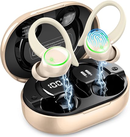 Wireless Earbuds Sports, Bluetooth 5.4 Headphones Hifi Stereo, Earphones with Earhooks, 50H Playback Over Ear Buds, IP7 Waterproof Fitness Headset for Gym Running Workout, ENC Noise Cancelling Mic