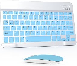 Bluetooth Keyboard and Mouse Combo, Qwert Layout Universal Ultra-Slim Wireless Keyboard Mouse Set for Android Windows iPad iPhone Samsung Tablet Portable Compact Keyboard Set, Light Blue