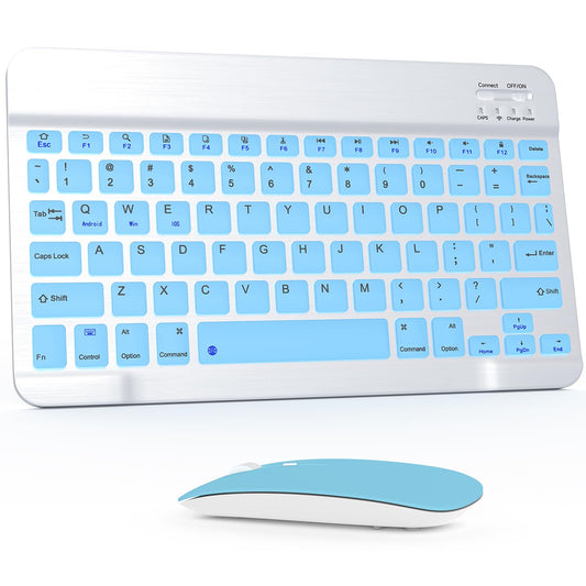 Bluetooth Keyboard and Mouse Combo, Qwert Layout Universal Ultra-Slim Wireless Keyboard Mouse Set for Android Windows iPad iPhone Samsung Tablet Portable Compact Keyboard Set, Light Blue