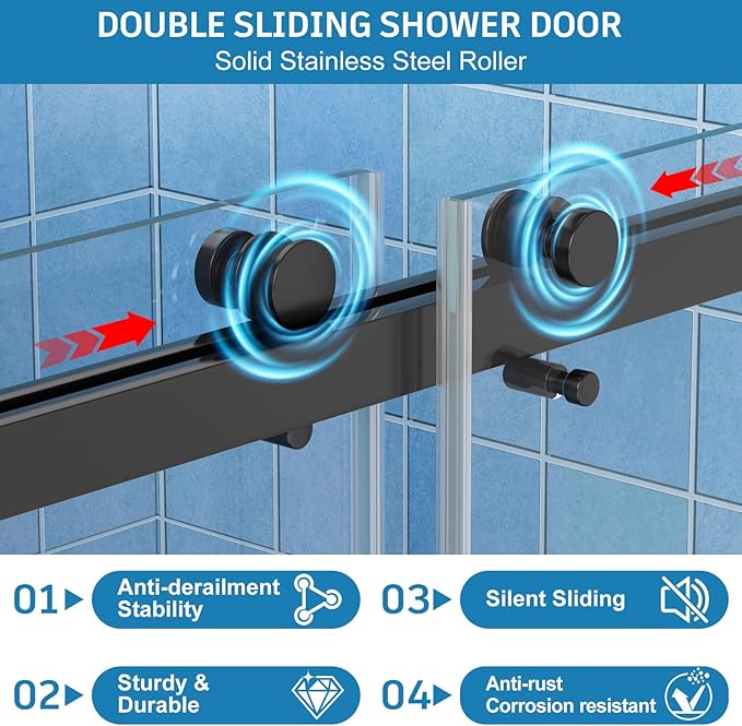 Frameless Shower Door, 56-60" W x 72" H Double Sliding Shower Doors, 1/4" (6mm) Thick Tempered Clear Glass Door with Explosion-Proof Film Nano Coating, Stainless Steel Hardware, Matte Black