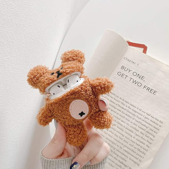 Yatchen Plush Case Compatible with AirPods 1&2, Cute 3D Cartoon Fur Bear Design Funny Cover with Keychain Protective Case