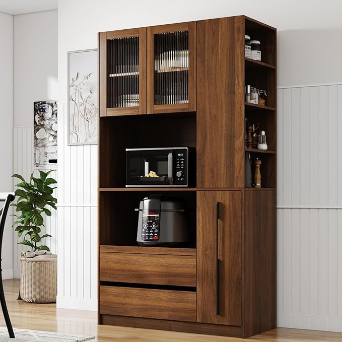 KEIKI 70.87" Tall Kitchen Pantry Storage Cabinet with Multi-Functional Pull-Out Shelf, Side Shelves, 2 Drawers, Glass Doors & Microwave Stand, Wood Hutch Food Pantries Cupboard for Dining Room