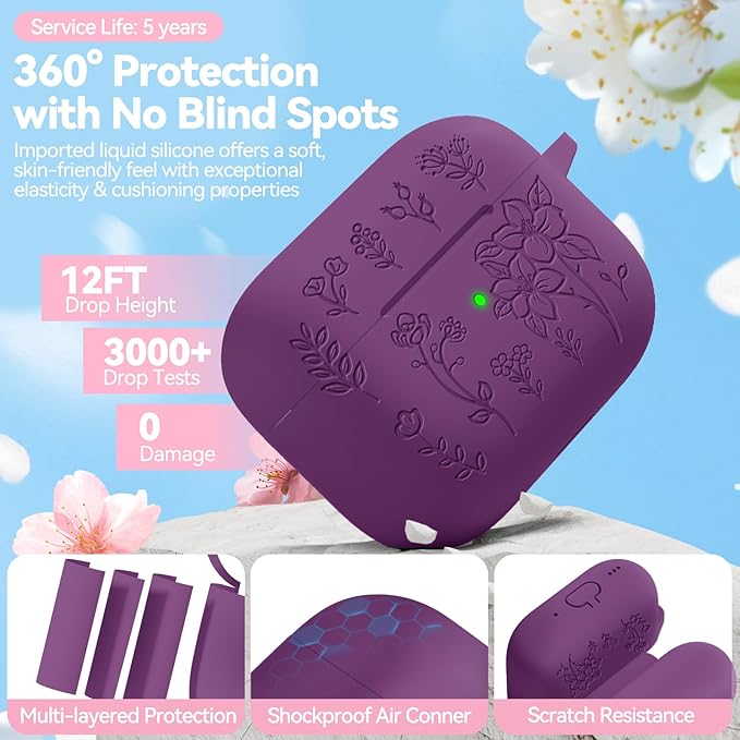 for Airpods Pro 3 Case, Flower Engraved Case Cover Compatible with AirPods Pro 3rd Generation 2025, Soft Silicone Cases with Cute Keychain & Cleaner for Women Girly, Shockproof