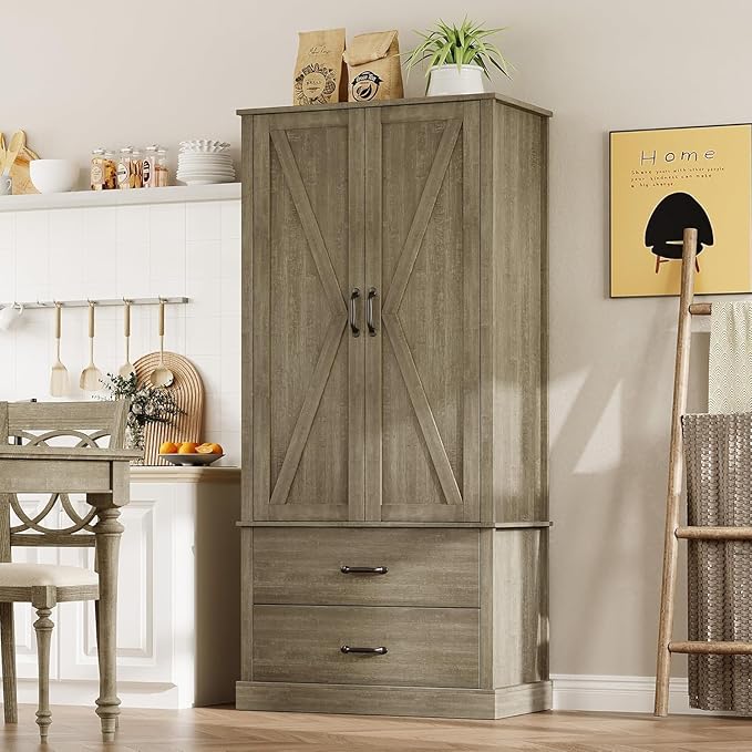 IDEALHOUSE Kitchen Pantry Storage Cabinet with Barn Doors, Drawer, and 2 Adjustable Shelves, Freestanding Tall Hutch with Microwave Stand for Kitchen, Dining Room, Rustic Gray