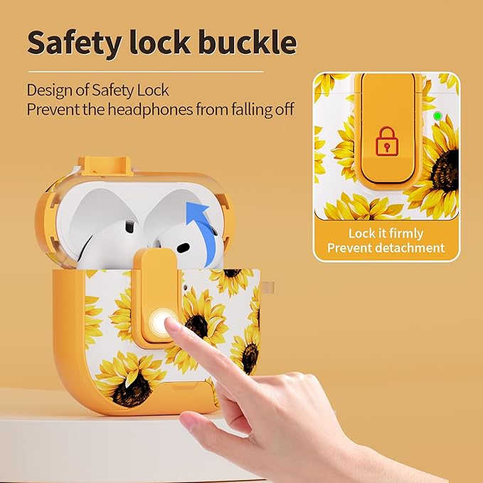 for AirPods 4 Case with Secure Lock Clip in Phone Stand,Floral Girly Style Protective Cover with Cleaning Kit and Hand Strap for Apple AirPod 4 Generation (Yellow Sunflower)