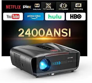 2026 Daylight 4K Projector True 2400ANSI, 3-Brightness, Dolby Audio,Auto Lens Cap, Smart Projector with Apps WiFi Bluetooth, Auto Focus/Keystone, HDMI eARC CEC for Home Cinema Game Office Church Party
