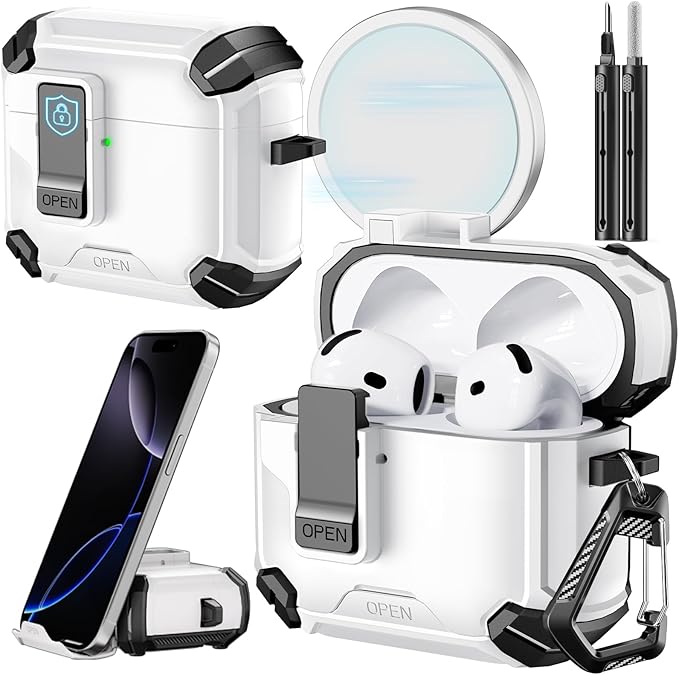 Inesore Compatible with AirPods 4th Case with Phone Stand & Cleaning Kit,Compatible with Magsafe,Magnetic Automatic Lock for Airpods 4 with Active Noise Cancellation Charging Cover (2024)