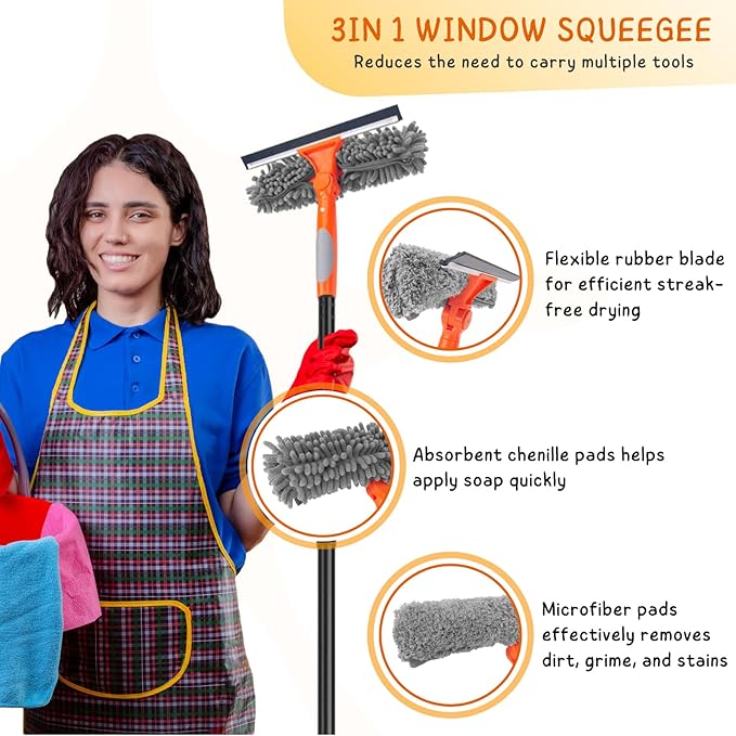 Squeegee Broom for Floor, 18'' Rubber Squeegee with 60'' Long Handle for Bathroom Tile, Window Cleaner Tool for Home, 59.5'' Squeegee Kit for Glass, Car Windshield, Mirror, Shower Door Cleaning