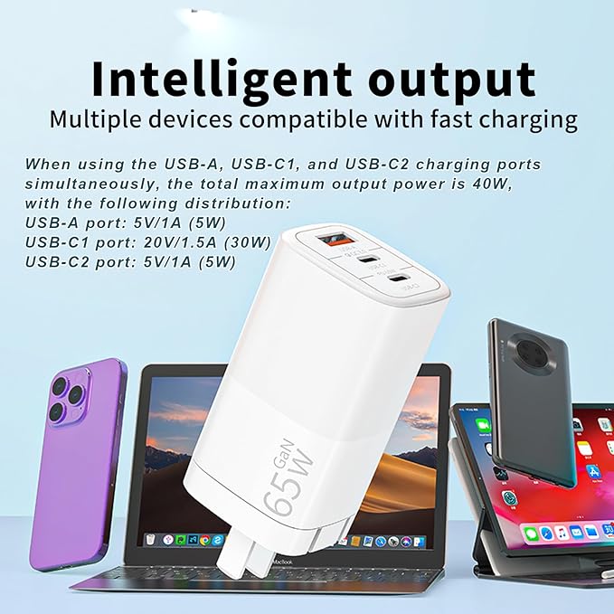 65W GaN Fast Charger, 3-Port USB C PD Power Adapter (2×USB-C + 1×USB-A) – Compact & Foldable for MacBook Pro/Air, iPhone 16, iPad, Galaxy S25, Dell XPS – Travel-Friendly & Overheating Protection