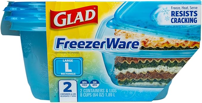 Glad GladWare Freezerware Food Storage Containers - Large Rectangle - Meal Container Holds up to 64 Ounces of Food - Lock Tight Seal, 2 Count