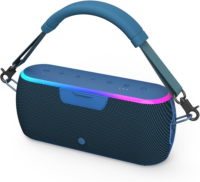 AT&T Essentials 40W Portable Bluetooth Speaker – IPX6 Waterproof, Wireless Dual Pairing, 15H Playtime, Removable Strap/Handle – Home/Kitchen/Outdoor Use (Blue)
