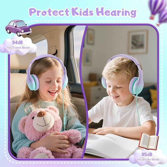 Kids Headphones, Wired Headphones for Kids with Microphone 85/94dB Volume Limit, Stereo Sound Portable Over Ear Headphones for School/Travel/Tablet/iPad, Green Violet