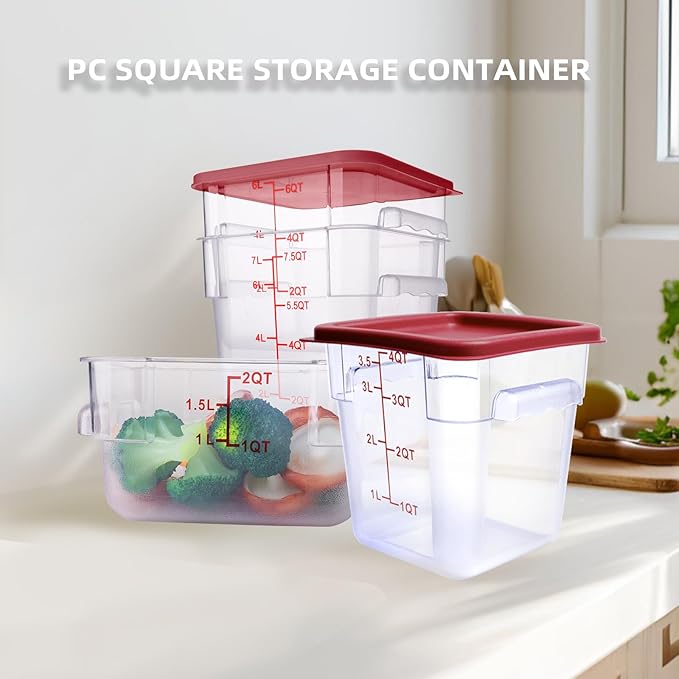 2 Pack Red Square Food Storage Container With Lid,Commercial Storage Box With Scale & Handle,Cake Making,Dough Marinating Meat,Kitchen Supplies (12 Quart)