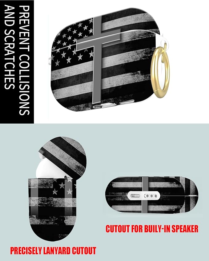 Compatible with Airpod Pro 2nd/1st Generation,360° Full Protection Cover for Girl Women,Hard Case Portable & Shockproof for Airpod Pro 2nd Charging Case 2023/2022/2019(Black White American Flag Cross)