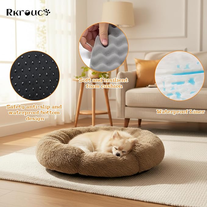Fluffy Dog Bed Calming Donut Beds for Large Dogs Warming Round Small Medium Pet Nest Cozy Cat Mattress Indoor Washable Puppy Kennel Kittens Sleep Mat (S, 23.6×23.6 inch, Light Brown)