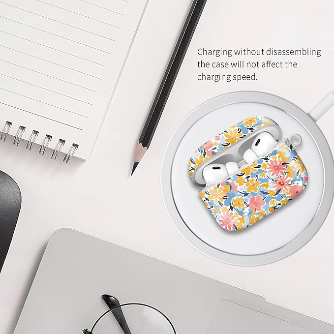 Compatible with Airpod pro 2nd/1st Generation Case Cover with Gold Round Keychain Cute Pattern Hard & Anti Slip Cover for Men Women & Girls（Comic Flowers）