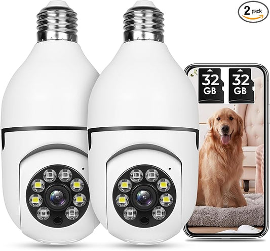 Light Bulb Security Camera HD Pan Tilt Wireless 360 Degree Floodlight Night Vision 5Ghz with Floodlight Human Motion Detection and Alarm 2pack with 32GB Card